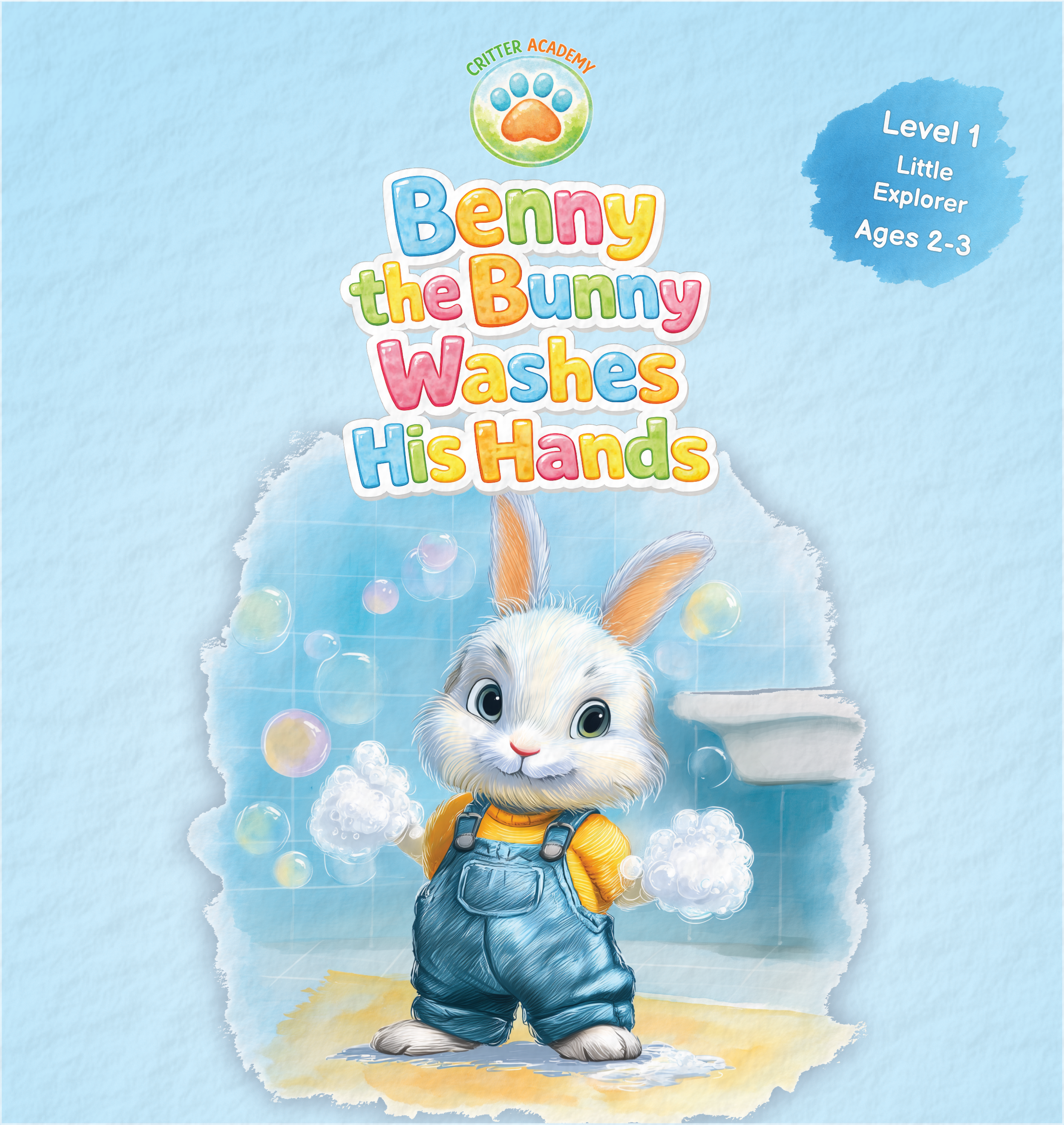Cover: Benny the Bunny Washes His Hands: Critter Academy. Level 1 – Little Explorer. A Fun and Gentle Guide to Hygiene for Toddlers Ages 2-3.
