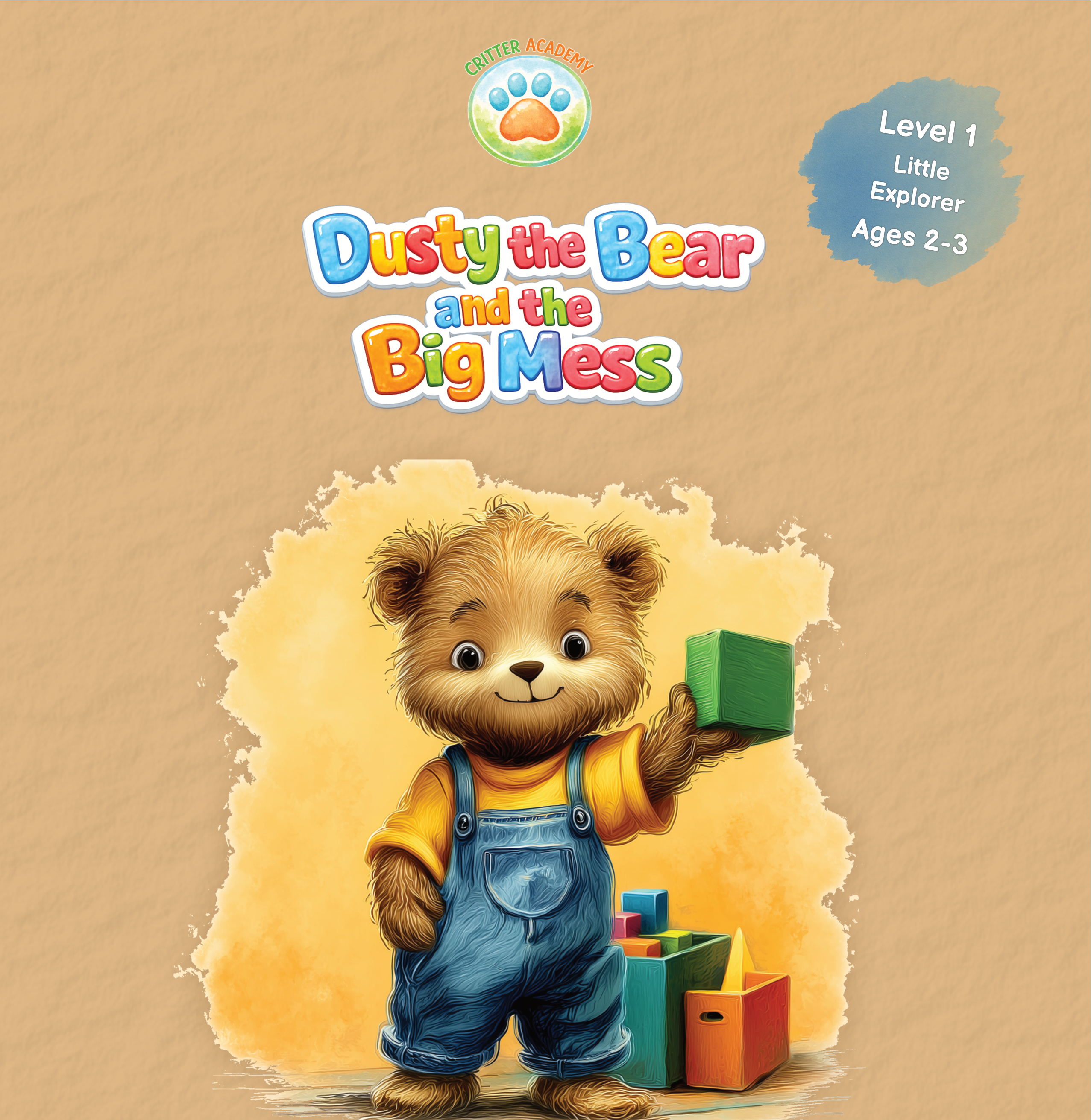 Cover: Dusty the Bear and the Big Mess: Critter Academy - Level 1 - Little Explorer (Ages 2-3). Learning to Tidy Up Toys.